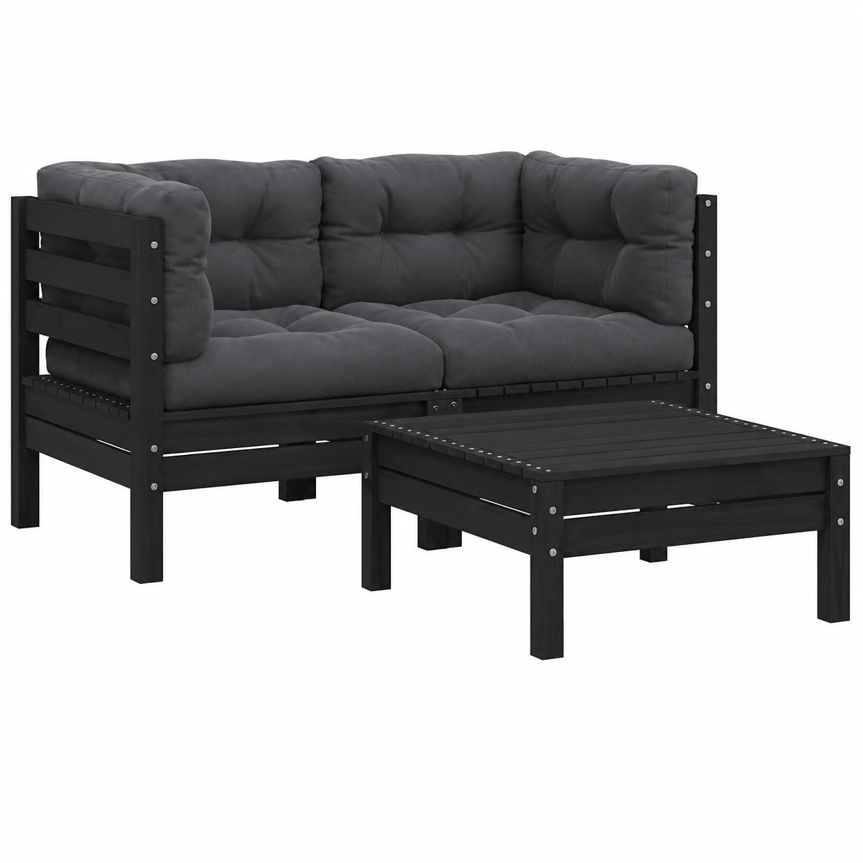 Conjunto de Muebles Jardín 3 Piezas con Cojines, Sofá y Sillas de Madera de Pino Negra