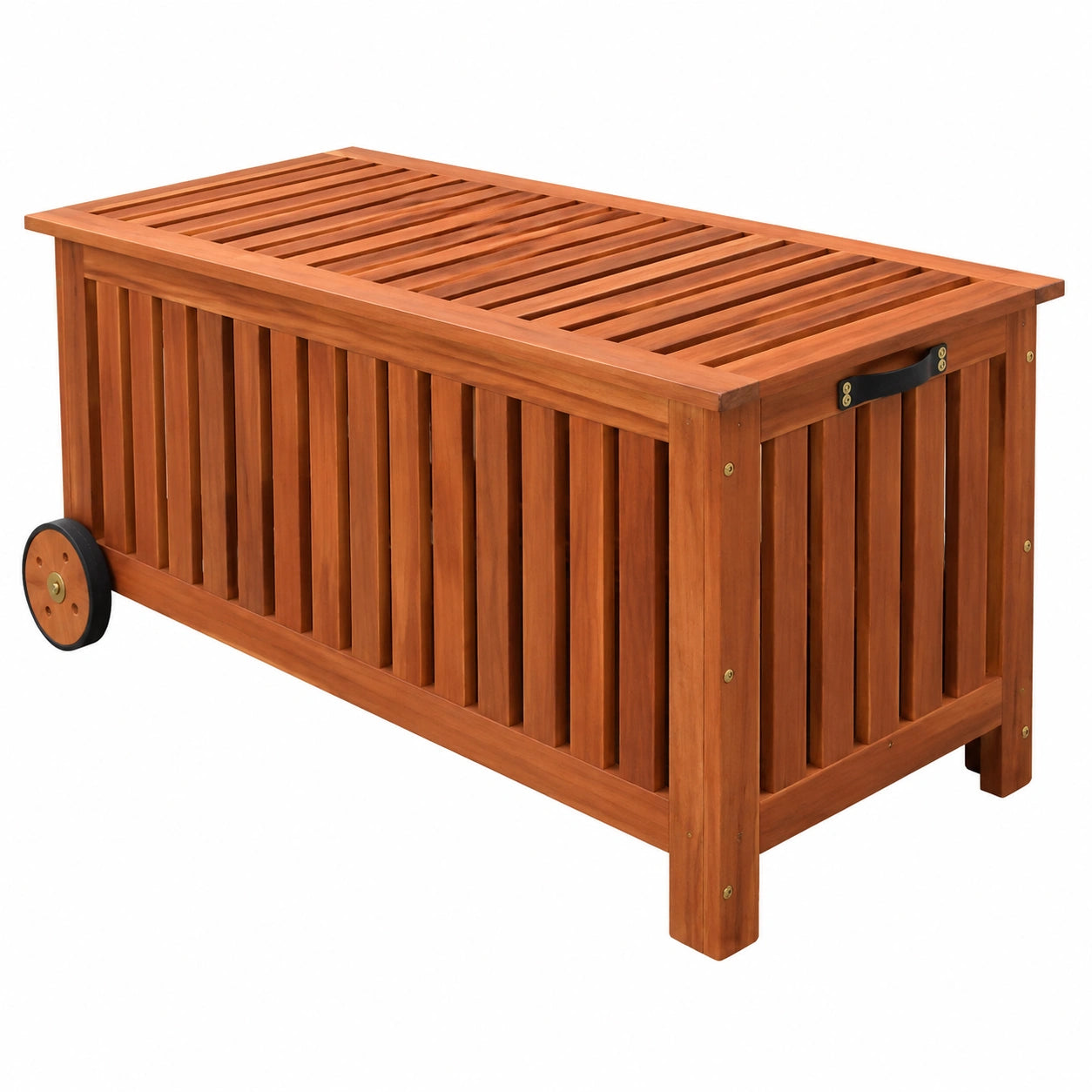 Baúl de jardín impermeable de madera con ruedas, 118x52x58 cm, ideal para exteriores
