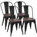 Sillas de Comedor Industriales, Juego de 4, Estructura Metálica y Asiento de Madera, Apilables, Soporte 150 kg, para Cocina y Patio (Negro)